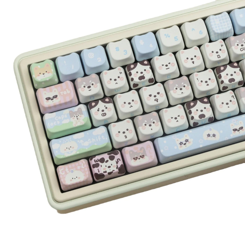 Full set of PBT sublimation keycaps with cat and puppy animal designs for mechanical keyboards