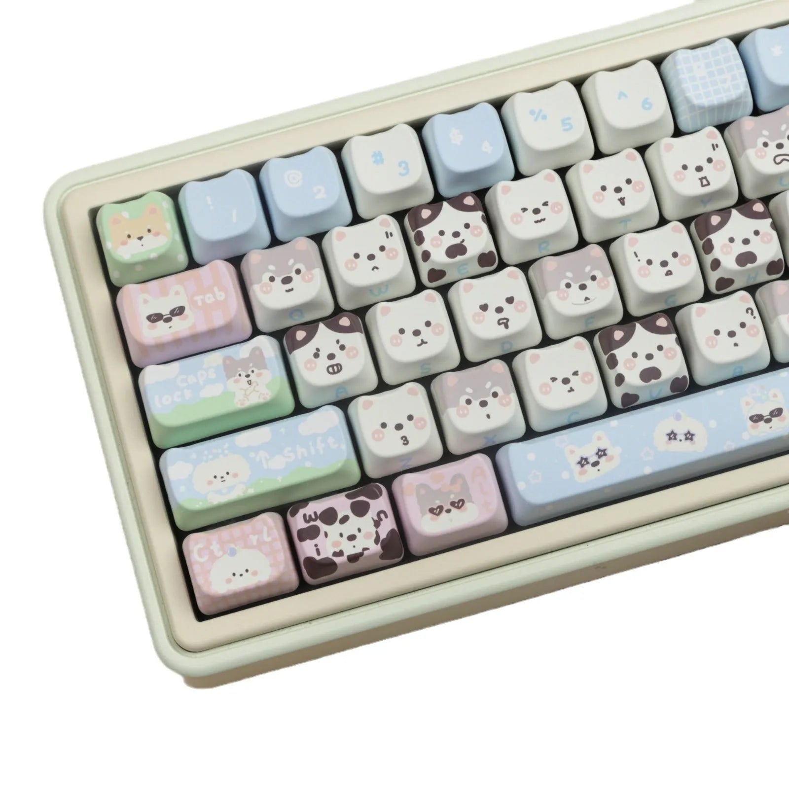 Full set of PBT sublimation keycaps with cat and puppy animal designs for mechanical keyboards