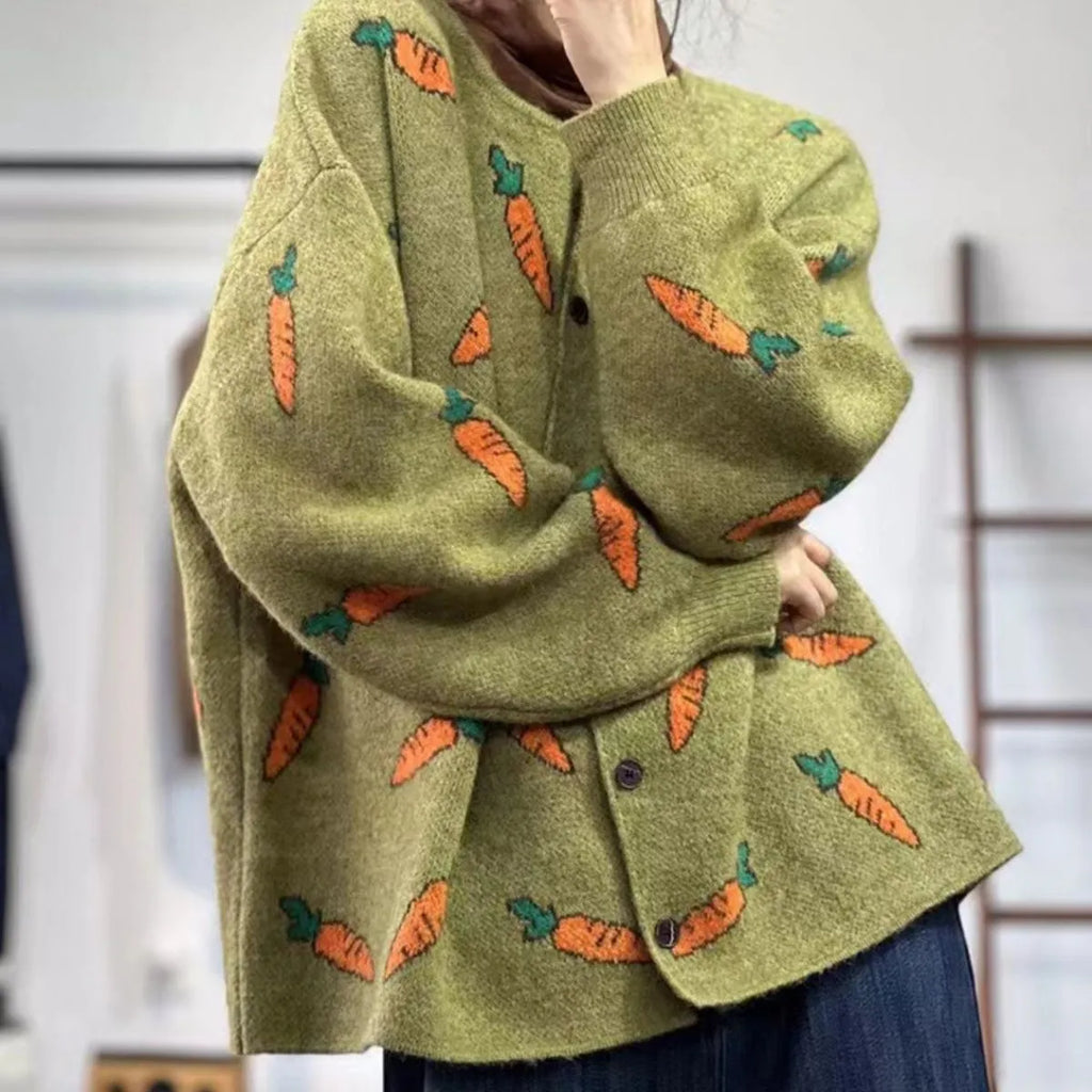 Round neck loose cardigan with Mori artistic printing in colour contrast design, viscose fabric