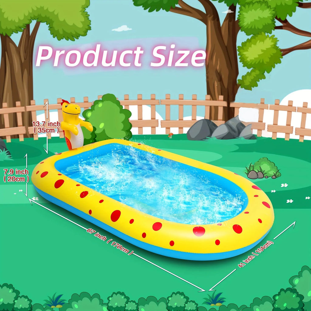 Blue dinosaur inflatable water spray pool with shark design play mat and spray toys