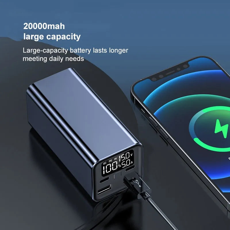 Black high power laptop charging bank with metal case showing size and USB-C port.