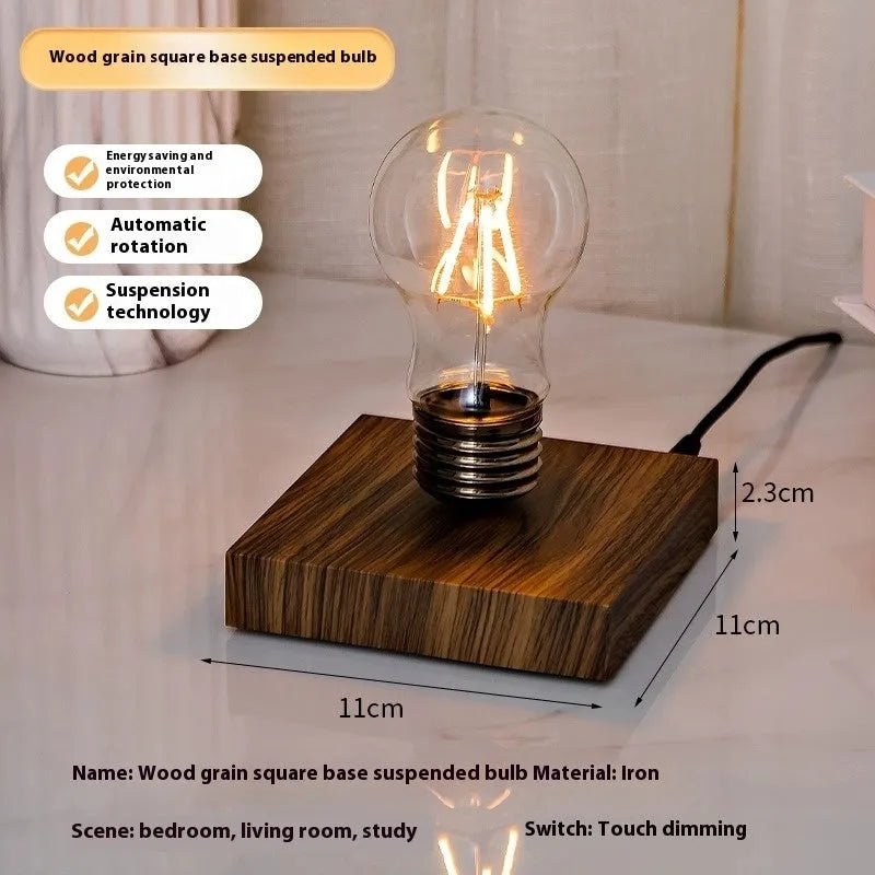Suspension bulb creative small night lamp with iron art construction and wooden grain base