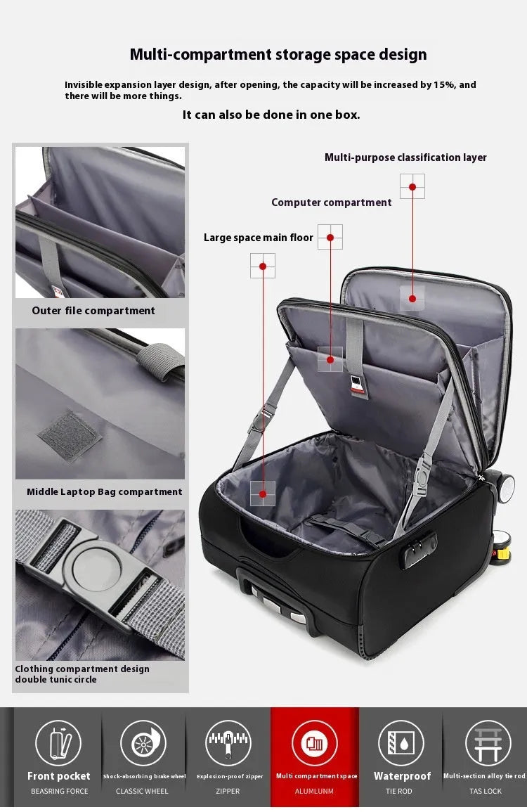 Black 18 inch Oxford cloth carry-on suitcase with retractable handle and universal wheels