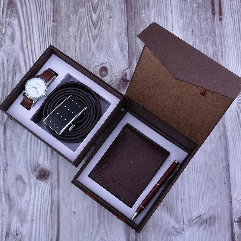 Business gift set for men with belt, wallet, quartz watch with leather strap, and pen in box