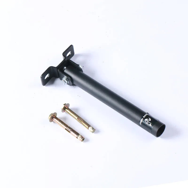 Steel wall-mounted barbell gun barrel rack holding multiple rods.