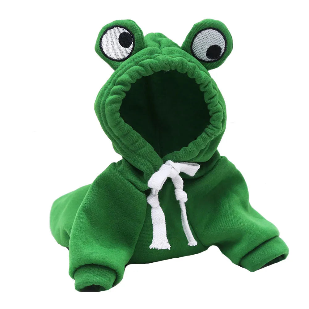 Green frog costume hoodie on small dog with size measurement diagram