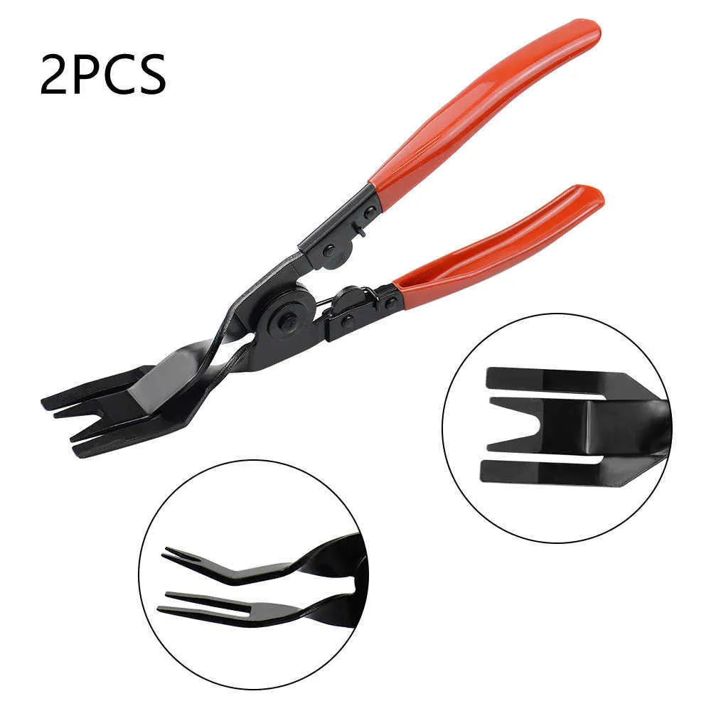 Red steel automotive clip driver horn tool for General Motors door panel removal
