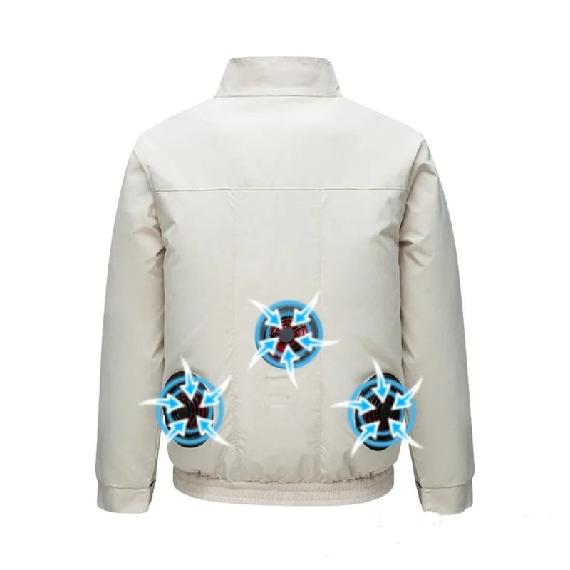 Black smart cooling work jacket with multiple ventilation holes for a personal fan unit.