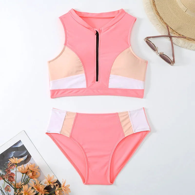 Pink high waist split bikini swimsuit with matching bra and briefs