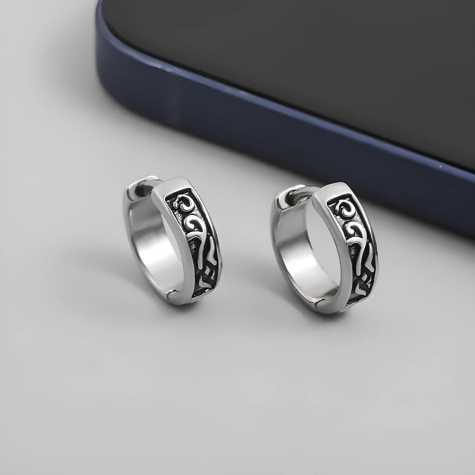 Men's geometric copper hip hop earrings in silver and cloud styles, showing 10mm and 14mm sizes.