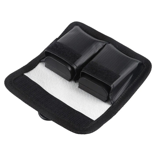 Black explosion-proof lithium battery storage bag with magic tape closure on a white background