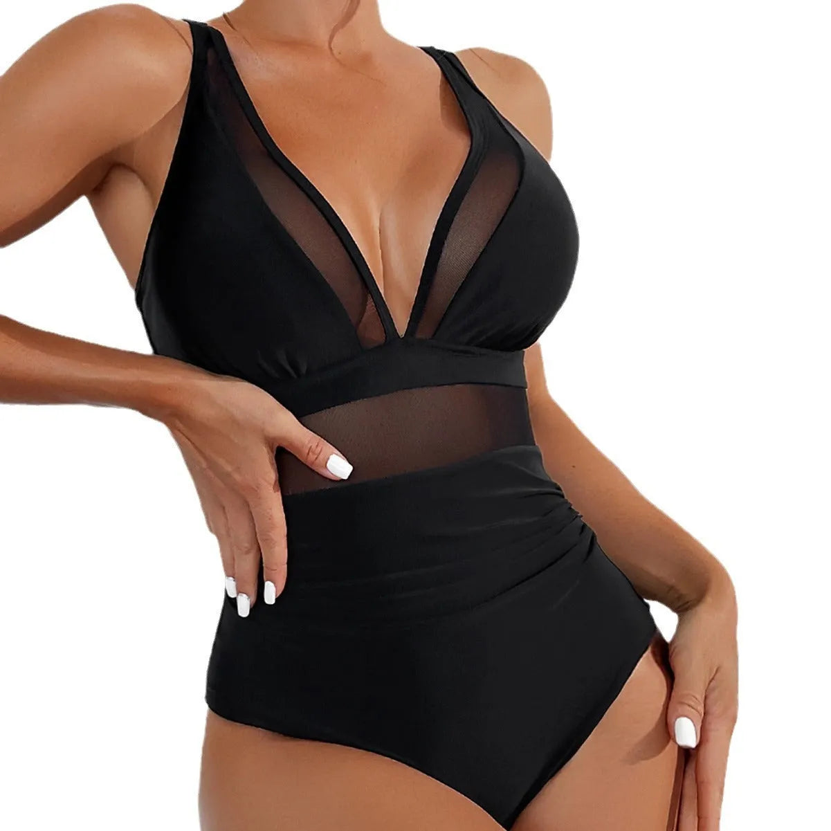 Black nylon mesh halter one-piece swimsuit with briefs bottom for women.