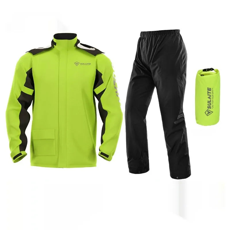 Motorcycle raincoat and rain trousers set in a colour option, with hidden shoe covers and storage bag.