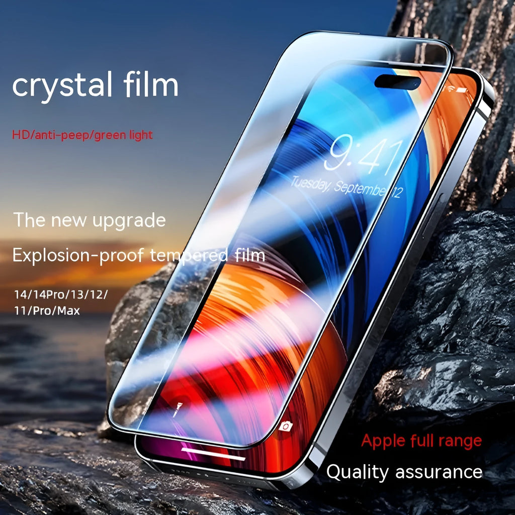 Tempered glass screen protector with privacy speed sticker box for iPhone showing alignment tray and three finish options