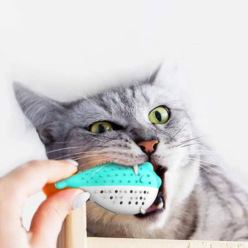 Silicone fish-shaped cat chew toy with teaser design in multiple colours