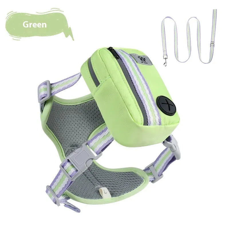 Colour options for an Oxford cloth anti-strangulation dog harness with a 1.5 metre lead attached.