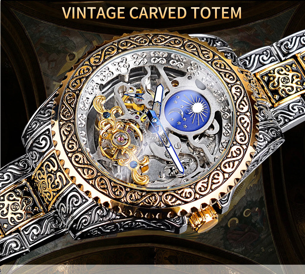 Forsining yellow stainless steel skeleton tourbillon mechanical watch with automatic movement