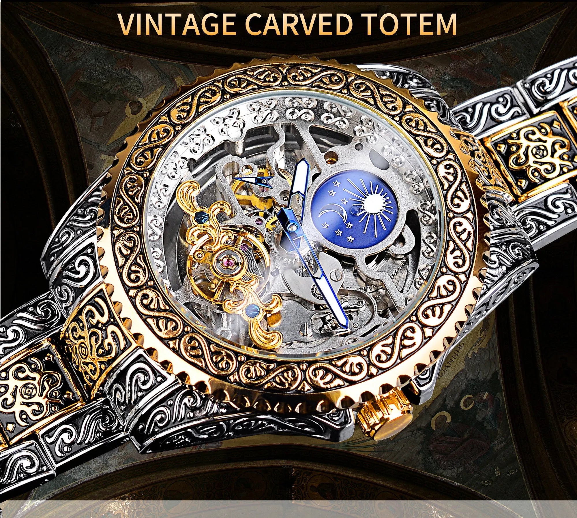 Forsining yellow stainless steel skeleton tourbillon mechanical watch with automatic movement