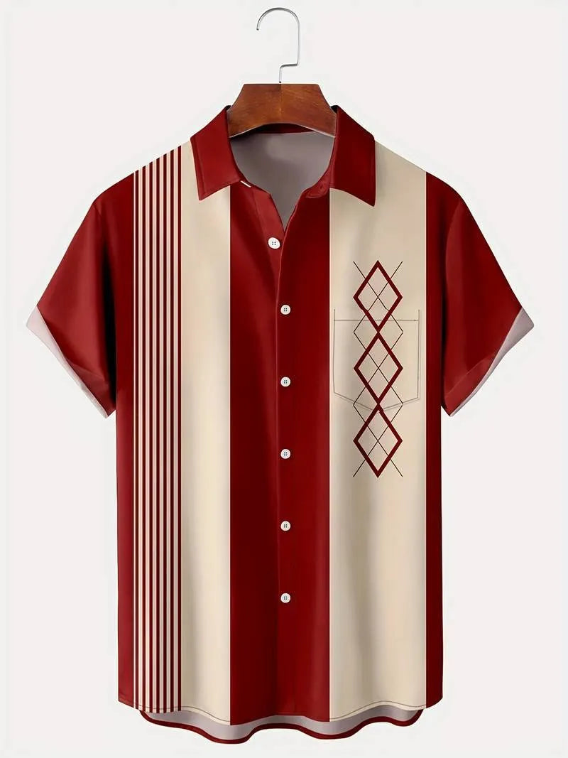 Men's loose fit plaid short sleeve shirt with lapel in contrast colours, available in multiple sizes.