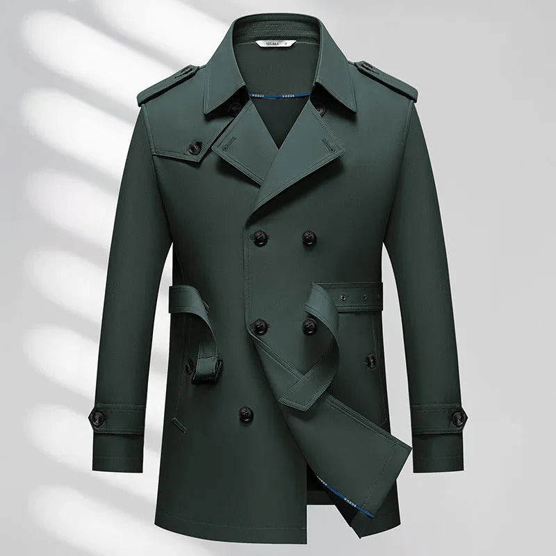 Men's business trench coat in khaki solid colour with non-ironing polyester fabric, front view