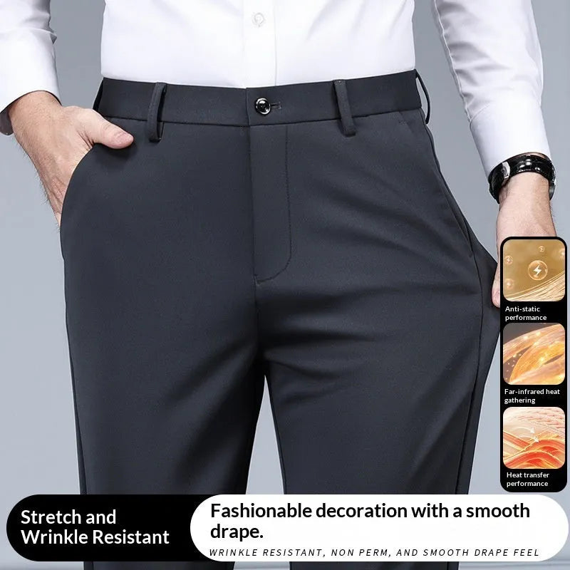 Men's autumn winter thick casual pants in sapphire blue with high elasticity waist, polyester fabric, size 29-40