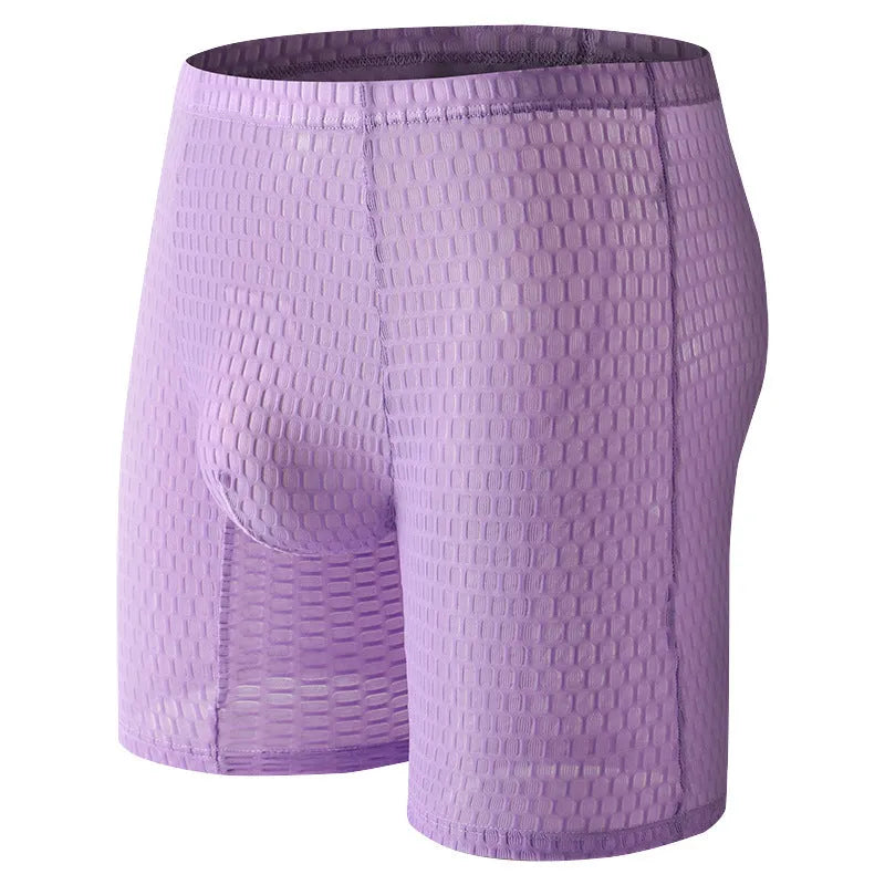 Men's white lace boxer shorts with lengthened hip lifting shaping design on a neutral background