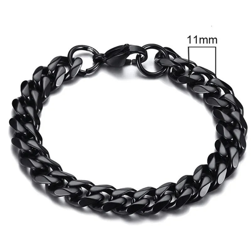Gold six-sided Cuban link metal bracelet shown in various widths and colour options.