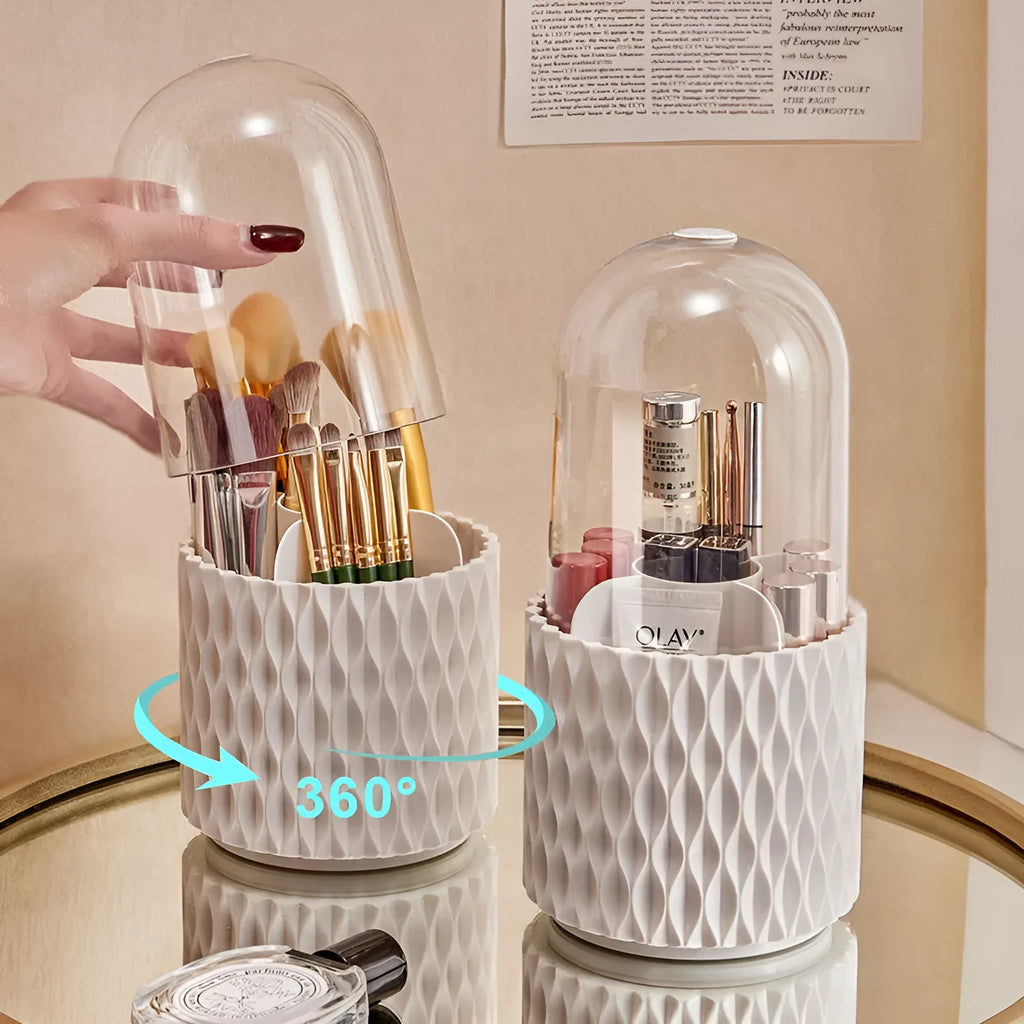 White rotating transparent makeup brush storage tube with dust cover lid on desktop