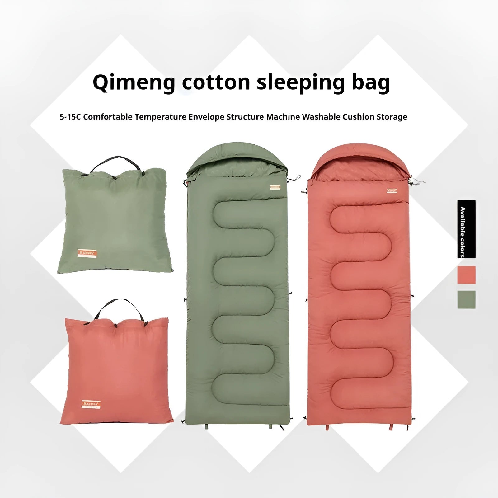 Ultra-light cotton sleeping bag quilt in ochre and olive green colours for camping