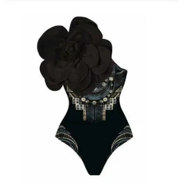 One-piece swimsuit with three-dimensional floral pattern showing European and American fit