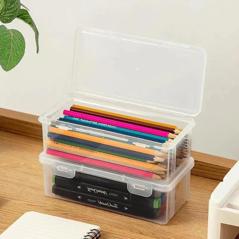 Transparent plastic stationery storage box for pencils and art supplies