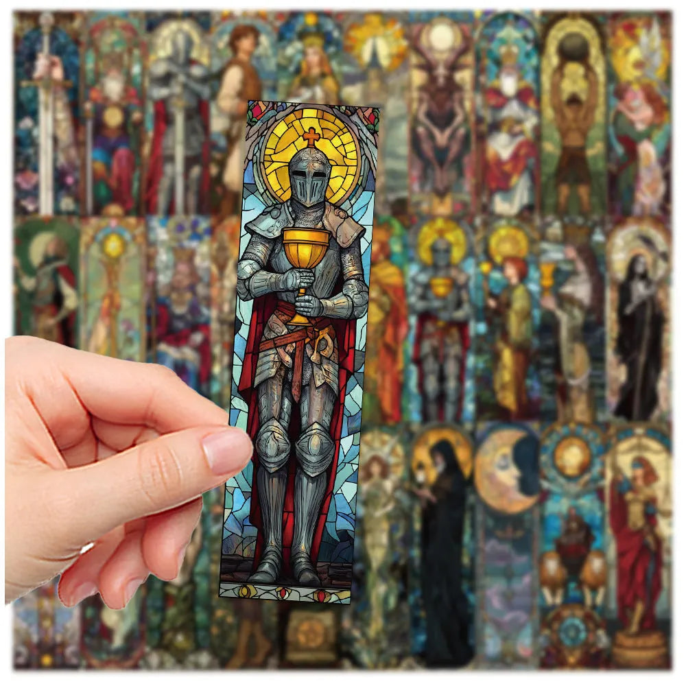 Pack of 30 paper tarot bookmarks with painted glass card illustrations.