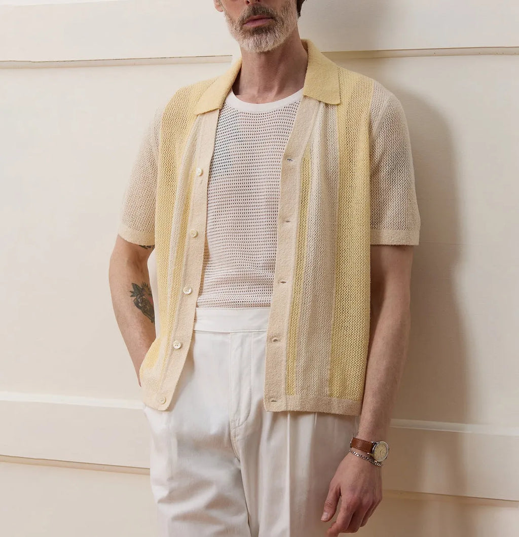 Yellow casual polo shirt with asymmetric hollow-out design and short sleeves