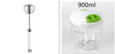 Semi-automatic manual egg beater whisk in stainless steel and white plastic