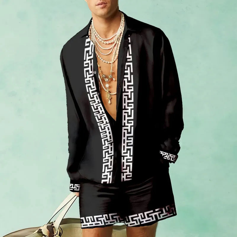 Men's slim fit polyester shirt and shorts set in colour matching pattern for summer casual wear