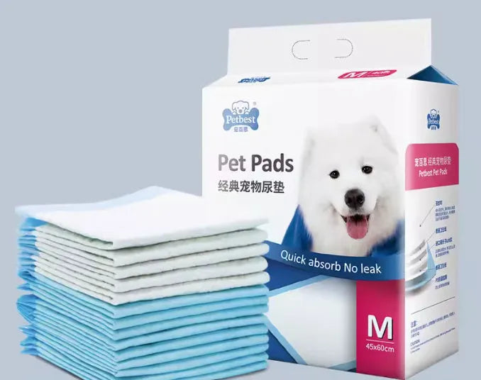 Pack of thickened dog urine pads showing adhesive backing and size comparison chart for S, M, L, and XL codes.