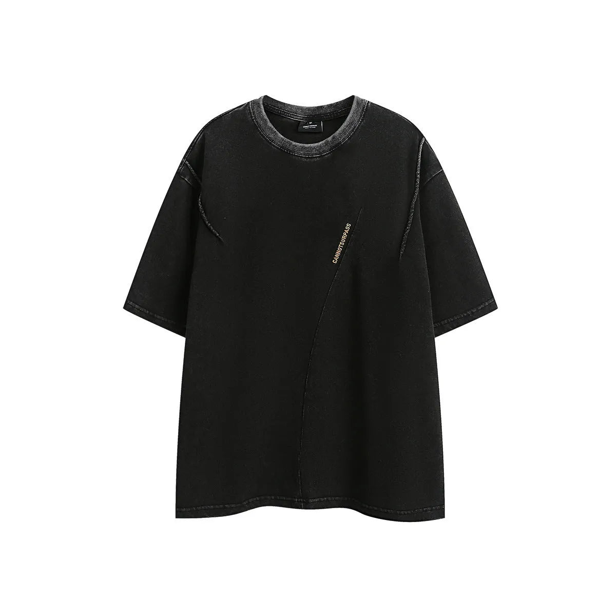 Men's loose-fit short-sleeve cotton t-shirt in vintage washed style with embroidery, in black or purple.