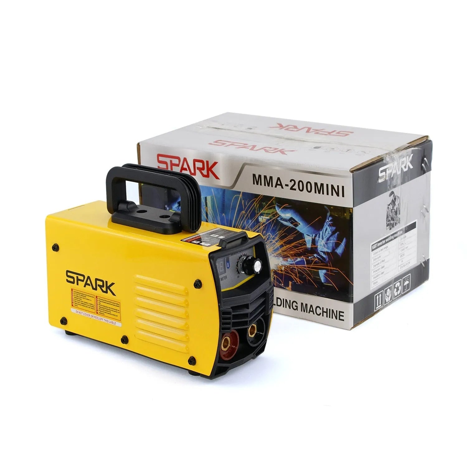 MMA-200MIN portable 220V DC inverter welding machine with tongs, clamp, shield, and brush.