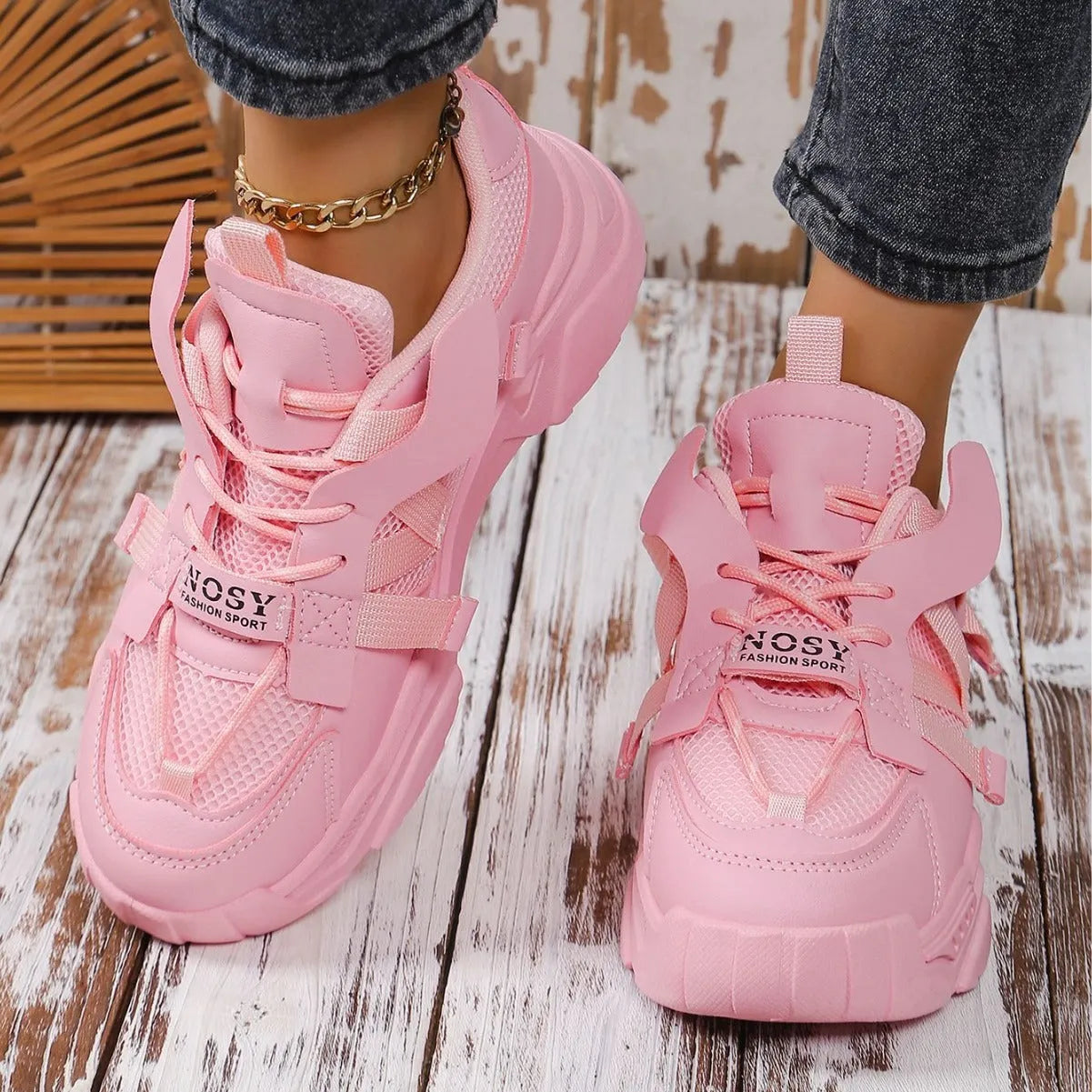 Women's animal pattern platform mesh sneakers in five colours with front lace-up closure