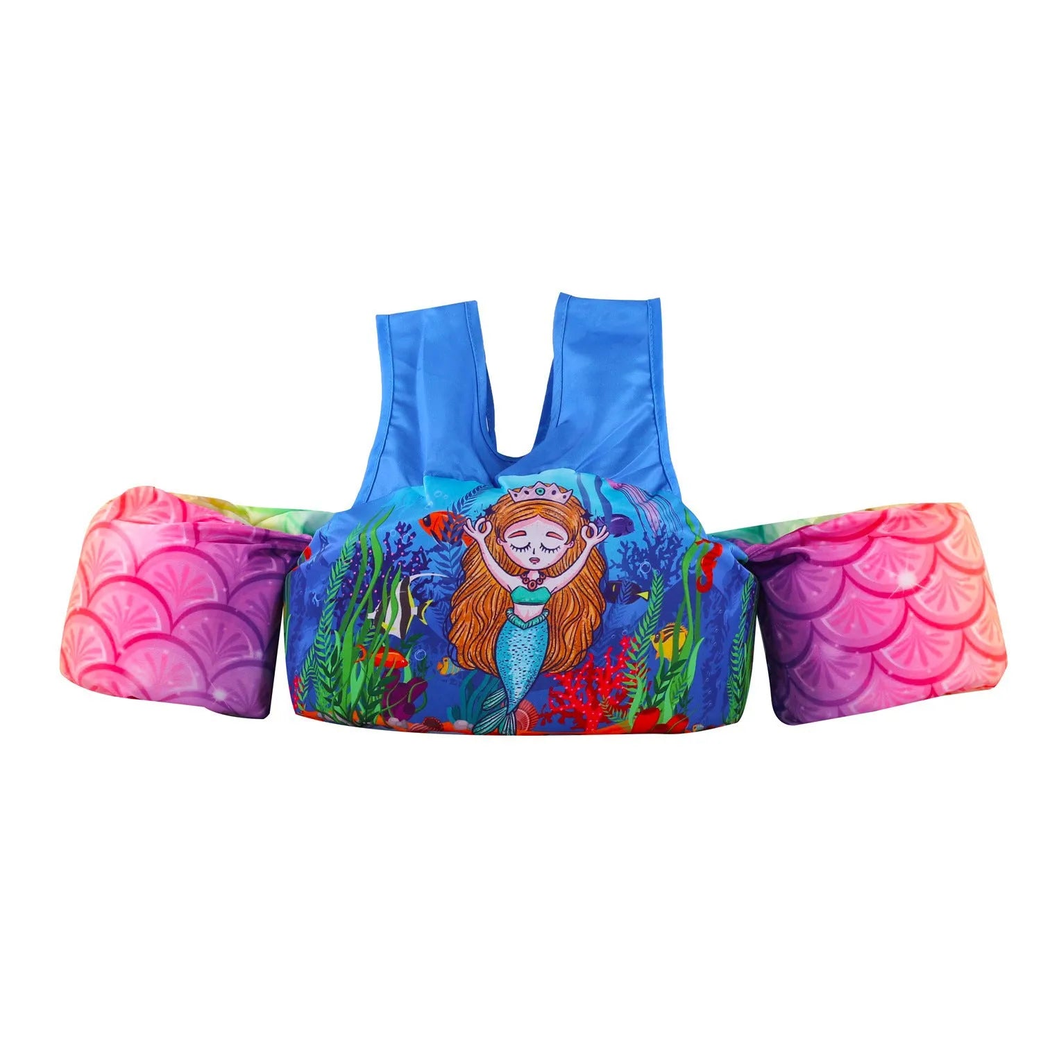 Colourful cartoon children's swimsuit with integrated arm swimming rings in a lobster design.