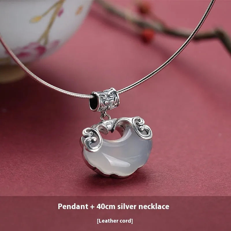 Jade Top Koi sterling silver pendant necklace with natural chalcedony and longevity lock collar in white chalcedony 45cm option