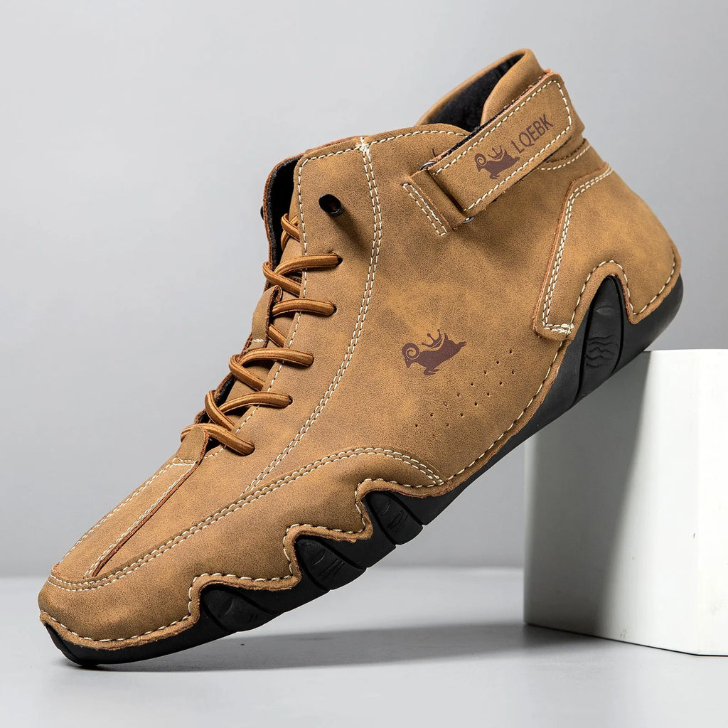 Men's brown high-top Martin boots with round toe and flat rubber sole