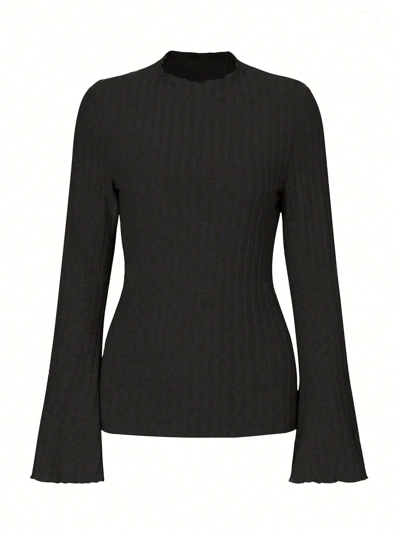Long sleeve round neck top with sunken stripe pattern and lantern sleeves in black