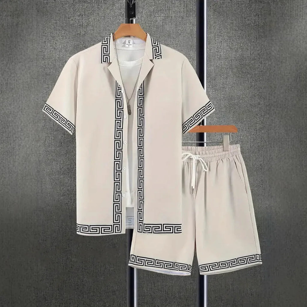 Wild printed men's short sleeve shirt and matching shorts set for summer casual wear, multiple sizes S to 4XL
