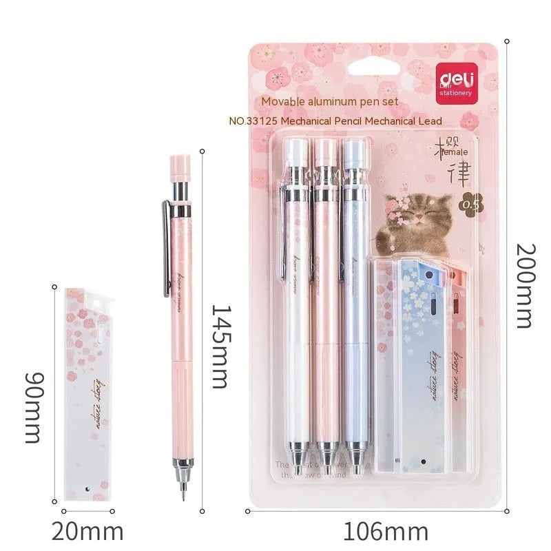 Cartoon automatic pencil set containing three propelling pencils and three HB refill boxes