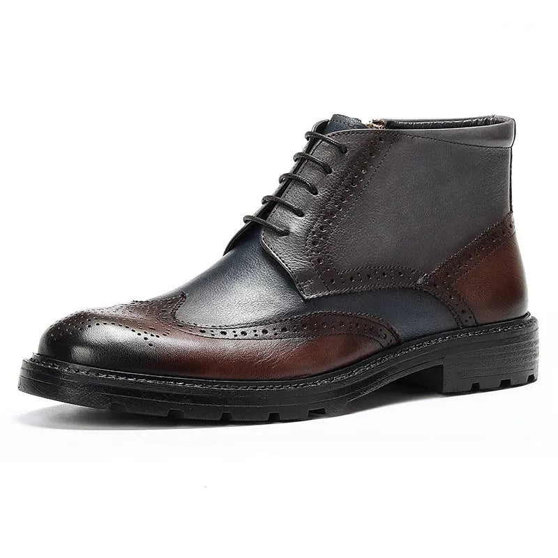 Men's brown and blue vintage colour block brogue carved leather Martin boots with round toe