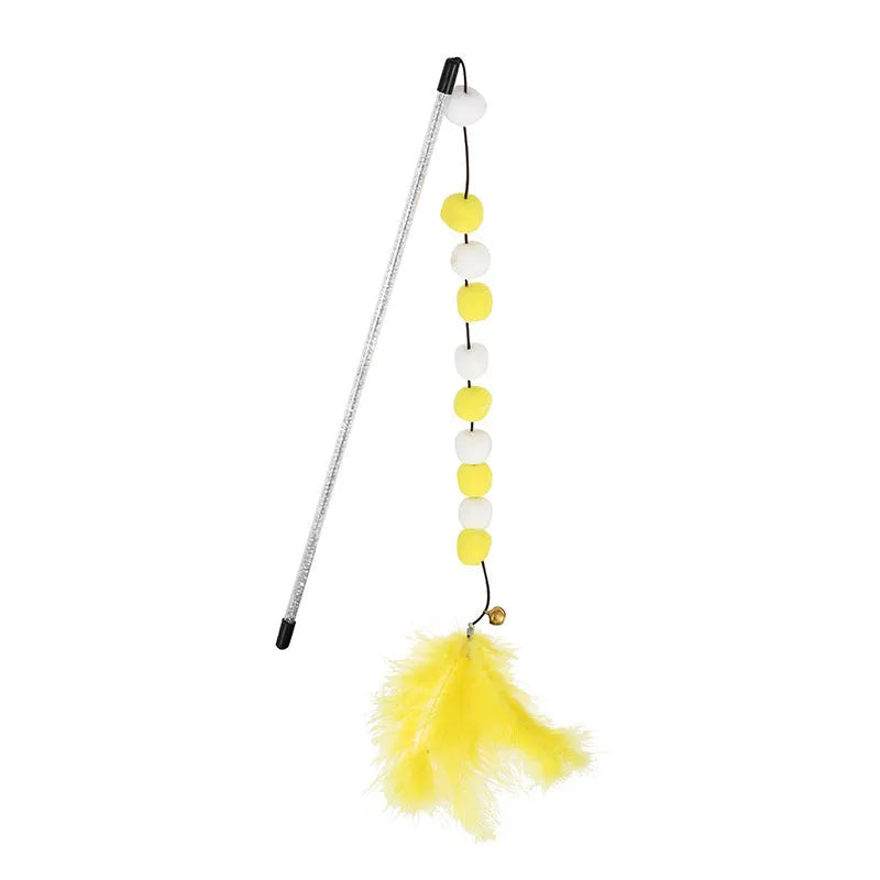 31cm long cat teaser interactive toy rod with bell and colourful polyester pompon feather attachment