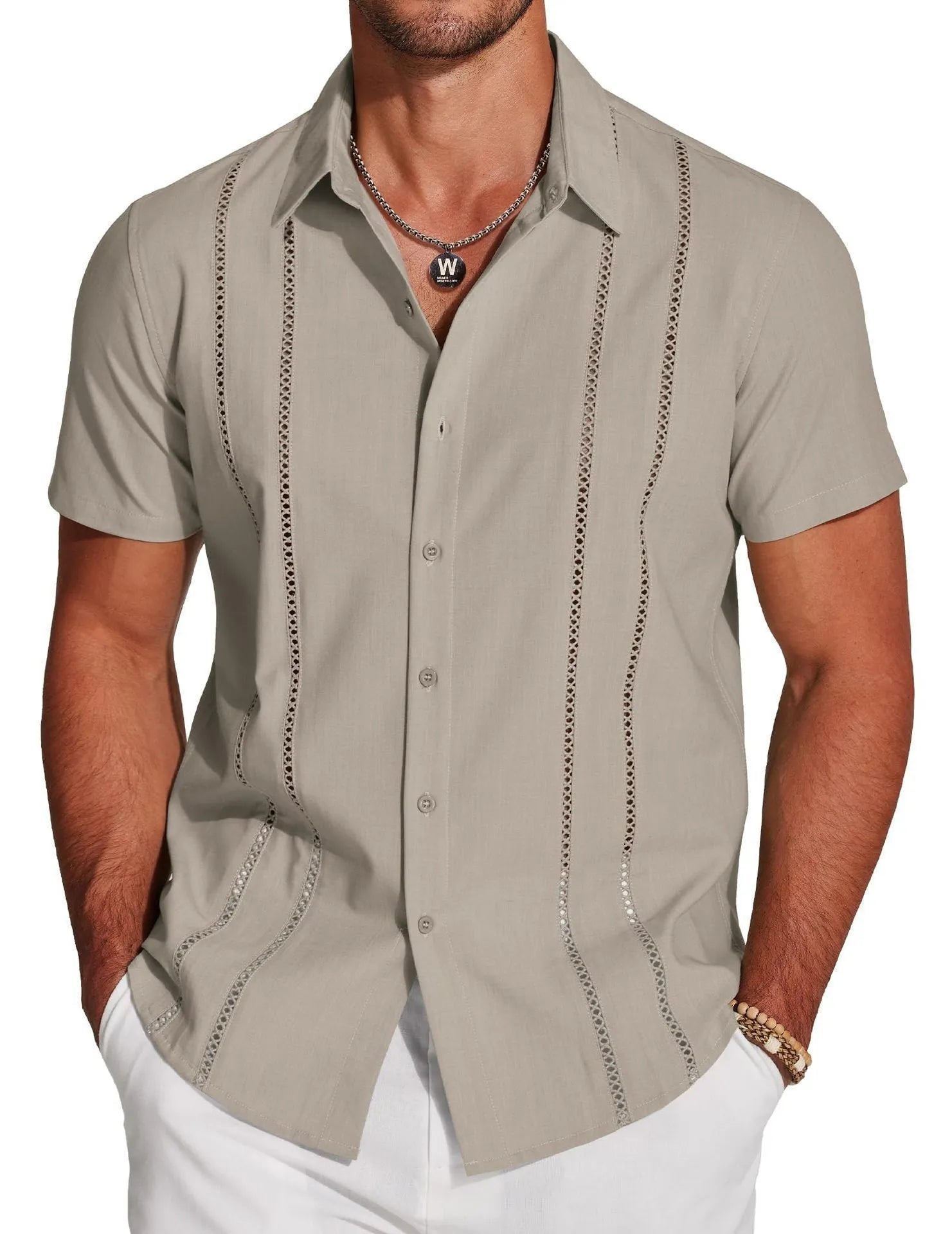 Men's slim-fit elastic Hawaiian shirt with digital print pattern in casual cardigan style