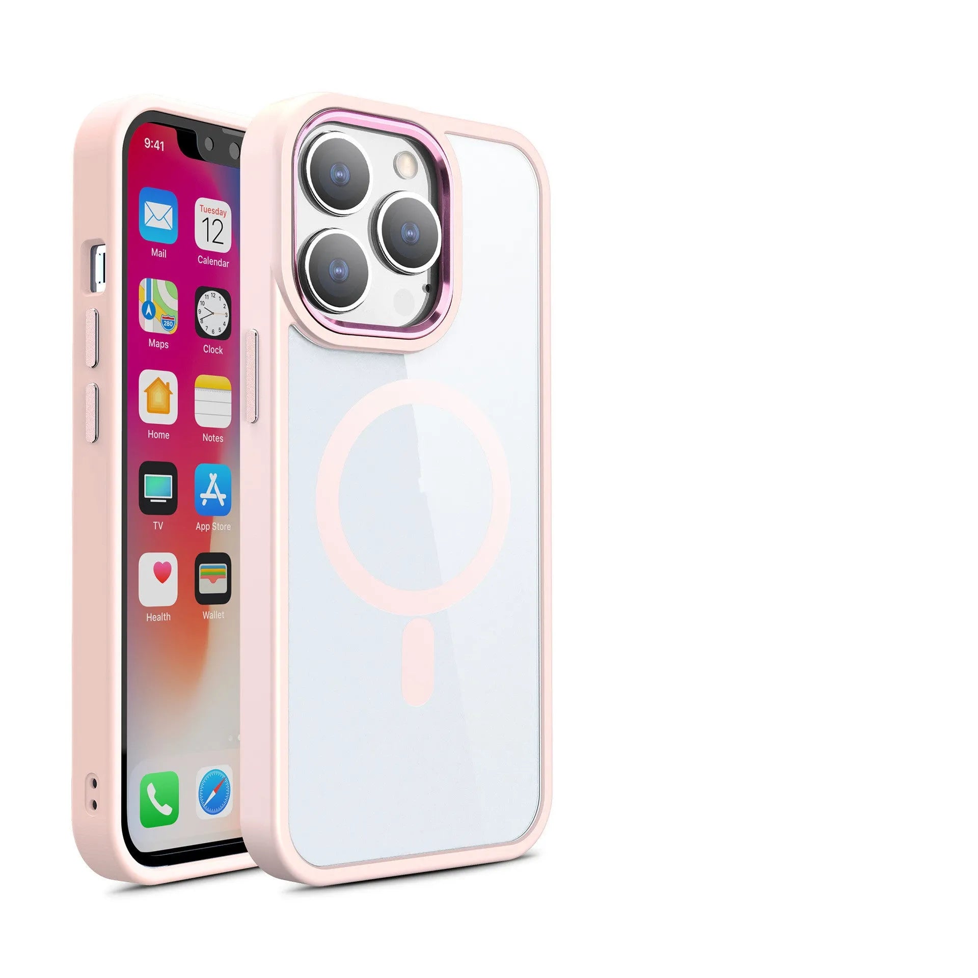 Magnetic transparent silicone phone case for iPhone on a magnetic car mount, shown in a plum red colour.