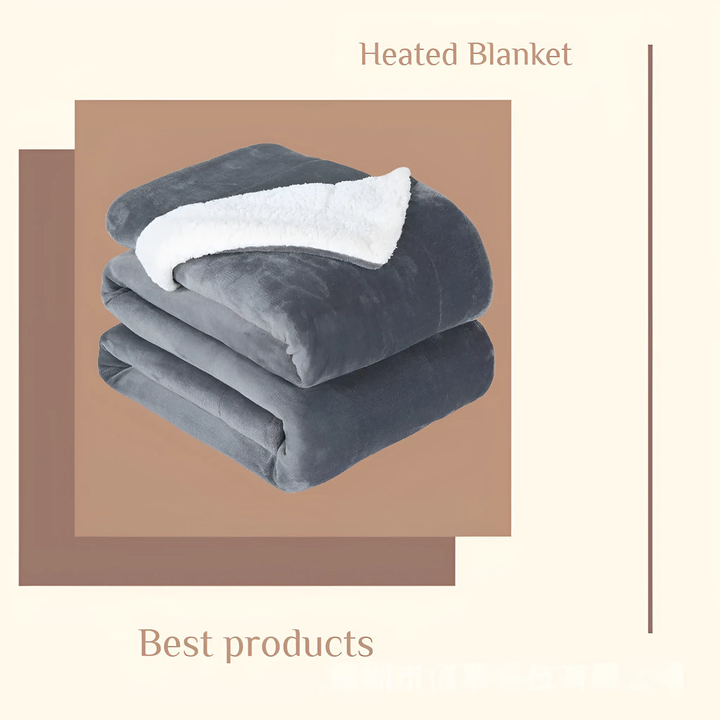 Grey and white flannel USB electric heating blanket showing power cord and control unit.